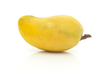 Close-up of a fresh ripe Organic Indian Mango (Mangifera indica) isolated on a white background. Front view.