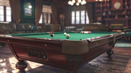A pool table with balls in a cozy living room, perfect for recreational activities