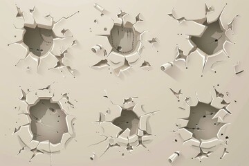 A clock hanging on a wall with multiple holes, suitable for concepts of time passing or decay.