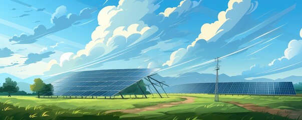 Solar panels farm landscape illustration flat design front view renewable energy theme animation vivid