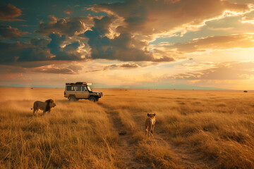 Fototapeta premium Lion in the African savannah and a safari car on the road, illustrating the breathtaking African savannah, wildlife, and nature, making it a top travel vacation destination