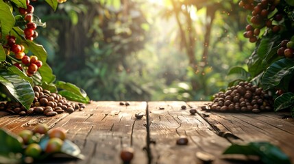 coffee plantation marketing, coffee beans, leaves on a wooden table with banner for promoting coffee plantation, displaying space for content