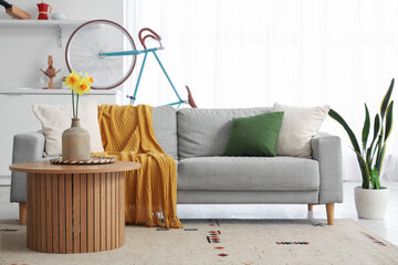 Interior of stylish living room with grey sofas, coffee table and bicycle