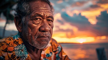 Elderly man enjoying sunset on the beach. Suitable for retirement, relaxation concepts