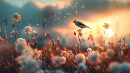 A bird perched on top of tall grass, suitable for nature themes