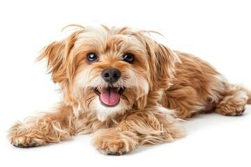 A small brown dog laying on a white floor. Suitable for pet care websites or animal lover blogs