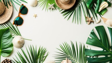 A frame of travel essentials, sunglasses, and tropical elements, with a clear background for copy