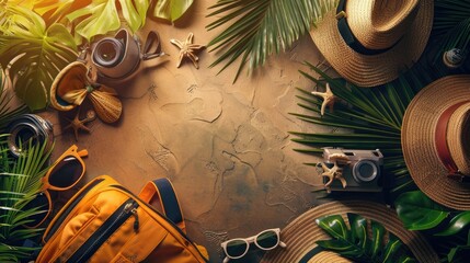 A layout featuring vacation equipment, including sunglasses and tropical decor, providing generous copy space.