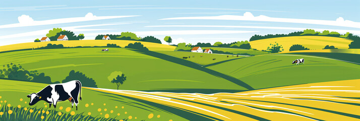 Herd of cows in green field. Milk cows grazing in pasture, eating grass. Free range cattle on farmland. Rural nature landscape with farm house