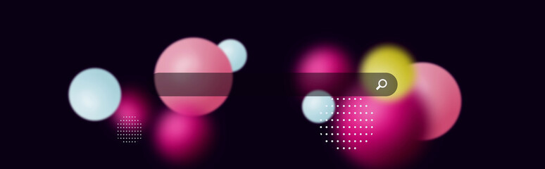 Dark background with search bar in glass morphism style. Beautiful and friendly background with colorful floating circles in dark mode