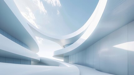 Minimalist architectural composition with clean white surfaces and organic curves, creating a sense of harmony and balance in the design aesthetic.