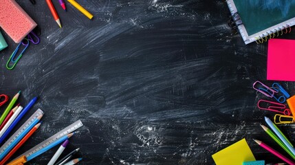 Frame of school supplies including crayons, glue sticks, sticky notes, and chalk, laid out in a flat lay style around a blackboard with ample room for text or design in the center.