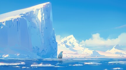 In the backdrop of the Arctic a solitary polar bear is seen against the icy backdrop of a towering iceberg in a captivating cartoon rendering