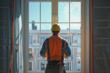 A construction worker looking out of a window. Suitable for construction industry concepts