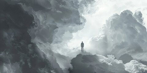 Resilience Amidst Turmoil: A strong and steady figure standing resolute against the backdrop of raging storm clouds, symbolizing the indomitable spirit of perseverance and endurance in the face of adv