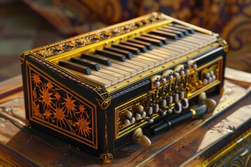 A musical instrument on a wooden table, suitable for music themes