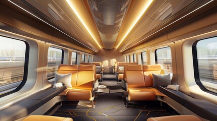 Obraz premium the interior of a high-speed train, featuring luxurious amenities such as ergonomic seating, Wi-Fi connectivity, and noise reduction technology. --ar 16:9 --style raw