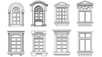 A collection of six windows with various designs. Ideal for architectural projects