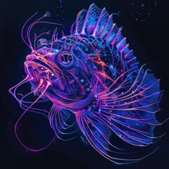 A neon fish with its mouth open in the dark. Suitable for underwater themes