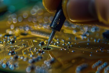 Close-up of a hand holding a soldering tool. Ideal for technology and DIY projects