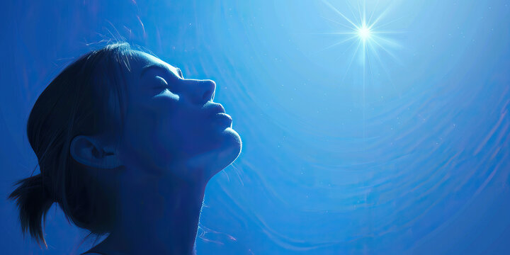 Harbinger of Hope: A person with upturned features gazing at a star in the night sky, radiating a light blue hue, symbolizing the promise of a better future