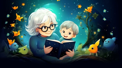 Heartwarming illustration of a grandmother reading a bedtime story to her grandchild, promoting love and creativity.