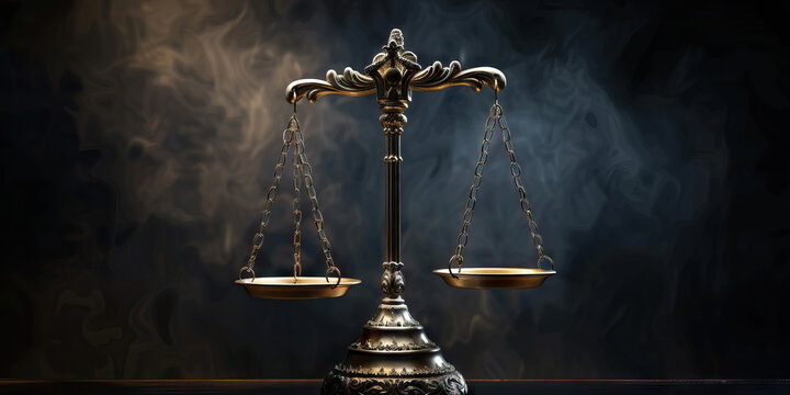 Scales of Justice: A statuesque image of the iconic scales of justice, delicately balanced, against a dramatic black background.