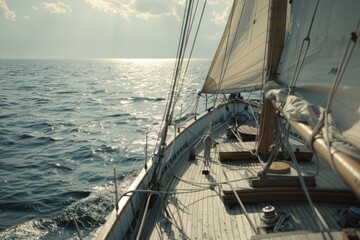 A sailboat gracefully sails in the open ocean. Perfect for travel brochures or nautical themed designs