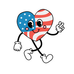 Vector retro cartoon groovy heart with USA flag isolated on white background