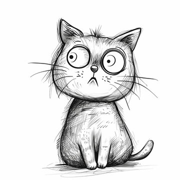 A confused cat looking into the distance, simple line art vector image on a plain white background
