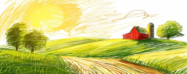 Wandcirkels Geel Rural landscape with a farm on field. Beautiful nature with sunny green hills, red old barn and blue sky. Pencil sketch, children's drawing, simple style. Country background for card, banner, poster   © Margarita Ratatosk