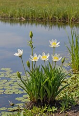 White Water Lilies Blooming in a Pond