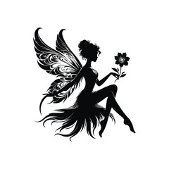 A graceful fairy silhouette seated with extended legs holding a flower with detailed wings against a plain background