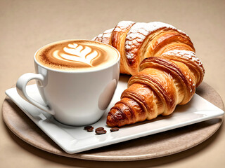 Cappuccino and croissant on the plate, high resolution, wallpaper design background