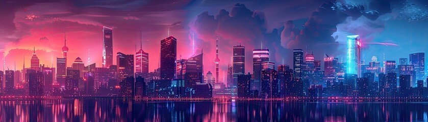 A futuristic cityscape bathed in neon light.