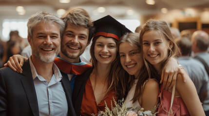 Family celebrating a graduation ceremony, all smiling and proud