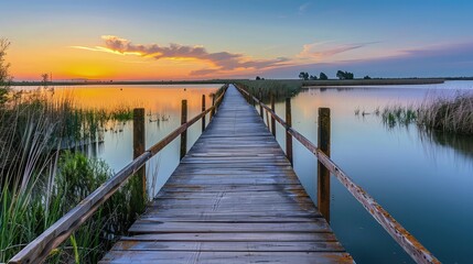 Fototapeta premium An idyllic scene of a wooden boardwalk at sunset in Ciudad Real, where the tranquil waters and soft sky create a perfect backdrop for an evening walk.