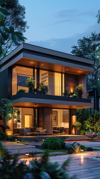 Modern two-story house with large windows, illuminated at night, surrounded by lush greenery.
