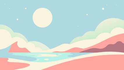 Paisaje con colores pasteles de sol, cielo y agua tranquila con nubes