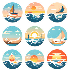 Set of icons sea, summer, vacation, resort, sunrise, love, logo