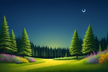Fototapeta premium Beautiful and Peaceful Nature Scenery Illustration, Landscape, Countryside, Tranquil, Vibrant and Colorful