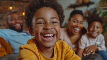 Family playing a game of charades in the living room, all smiling and guessing