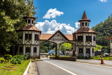 Aguas de Lindoia, Sao Paulo, Brazil, March 18, 2022. Decorated entrance portal to the city of Aguas de Lindoia
