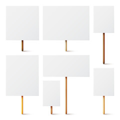 Blank white protest sign with wooden holder. Various realistic vector demonstration banners. Strike action cardboard placard mockup. Social advertisement. Vector illustration