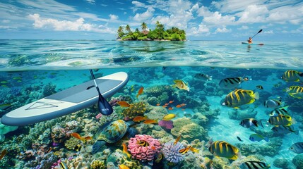Paddleboards floating gently on a mirror-like sea near a small island, where the ocean floor teems...