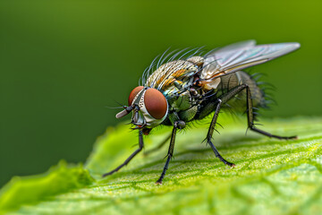 Macro Close-Up of a Housefly on a Leaf with Detailed Wing and Eye Patterns in Natural Light