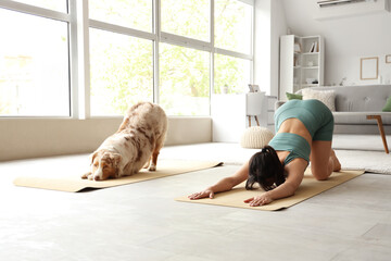 Sporty young woman with Australian Shepherd dog doing yoga at home