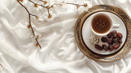 about Ramadan Kareem greeting card, invitation. Ornamental tea, coffee cup, bronze plate with dates fruit, white blooming prunus tree branch on white table. Iftar dinner. Eid ul Adha banner background