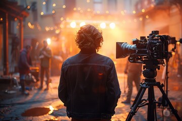 Fototapeta premium A cinematographer captures a scene with his camera during a film production with atmospheric lighting