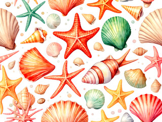 seashells, starfish and small fish, flat design, vector illustration